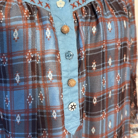DejaVu Boho Plaid Embroidered Tunic Top Blue Brown western Peasant Large - Picture 4 of 13
